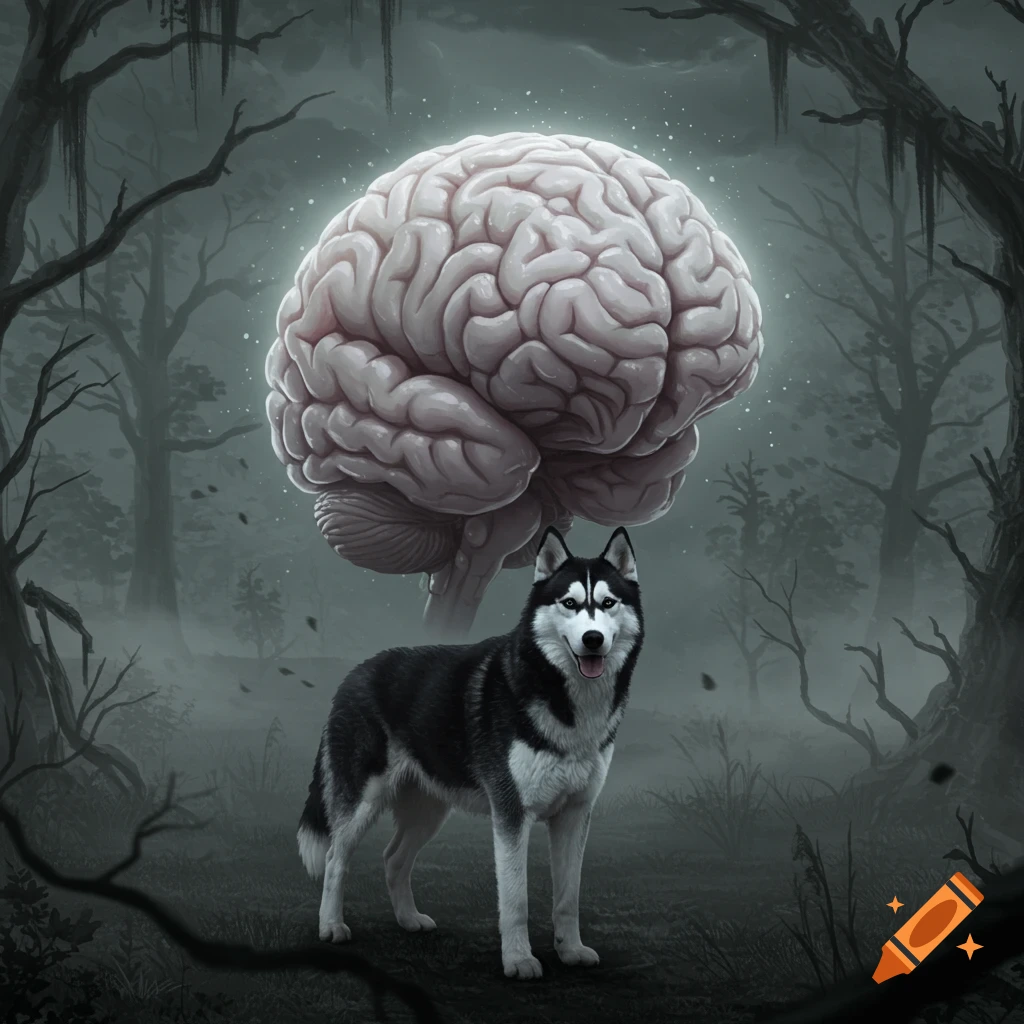 A black and white husky stands in a dark, misty forest with a large, glowing human brain floating above it.
