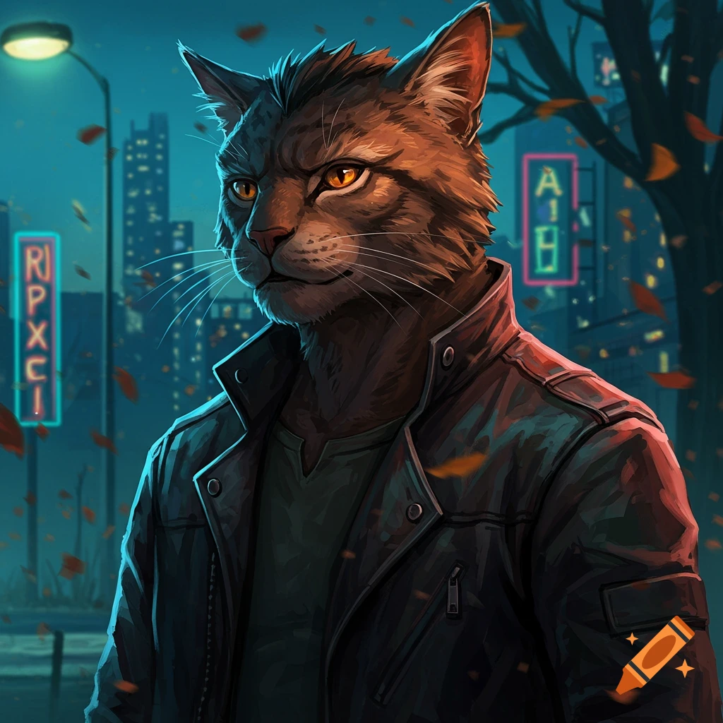 Gruff anthropomorphic cat in a leather jacket in a neon-lit city at night, illustration.