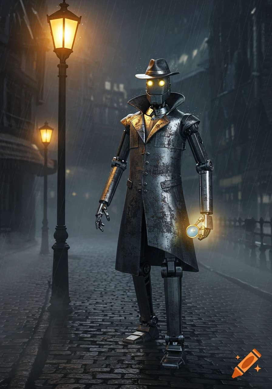 A robot detective in a trench coat and fedora stands on a rainy cobblestone street under a glowing streetlamp, holding a magnifying glass.