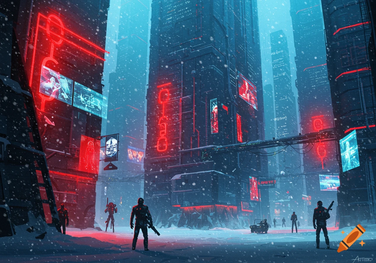 Automaton soldiers patrol a snowy cyberpunk city street at night, illuminated by red neon lights on towering buildings.