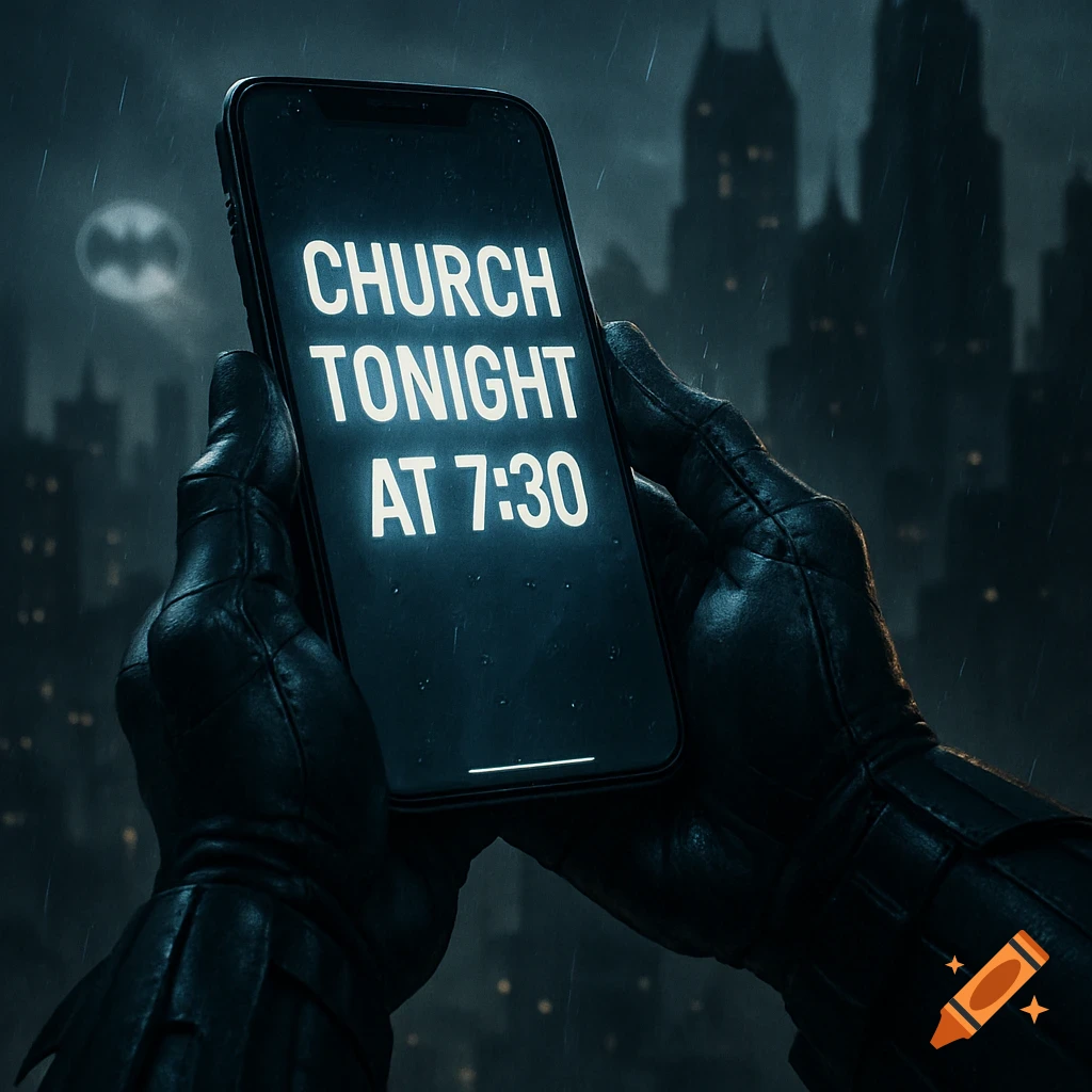 Batman's gloved hands holding a smartphone displaying 'CHURCH TONIGHT AT 7:30' in a rainy Gotham city.