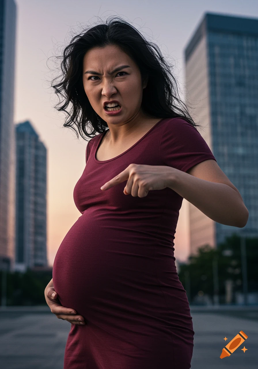 Angry pregnant Asian woman pointing at her belly, holding it with the other hand, in an urban setting at dusk.