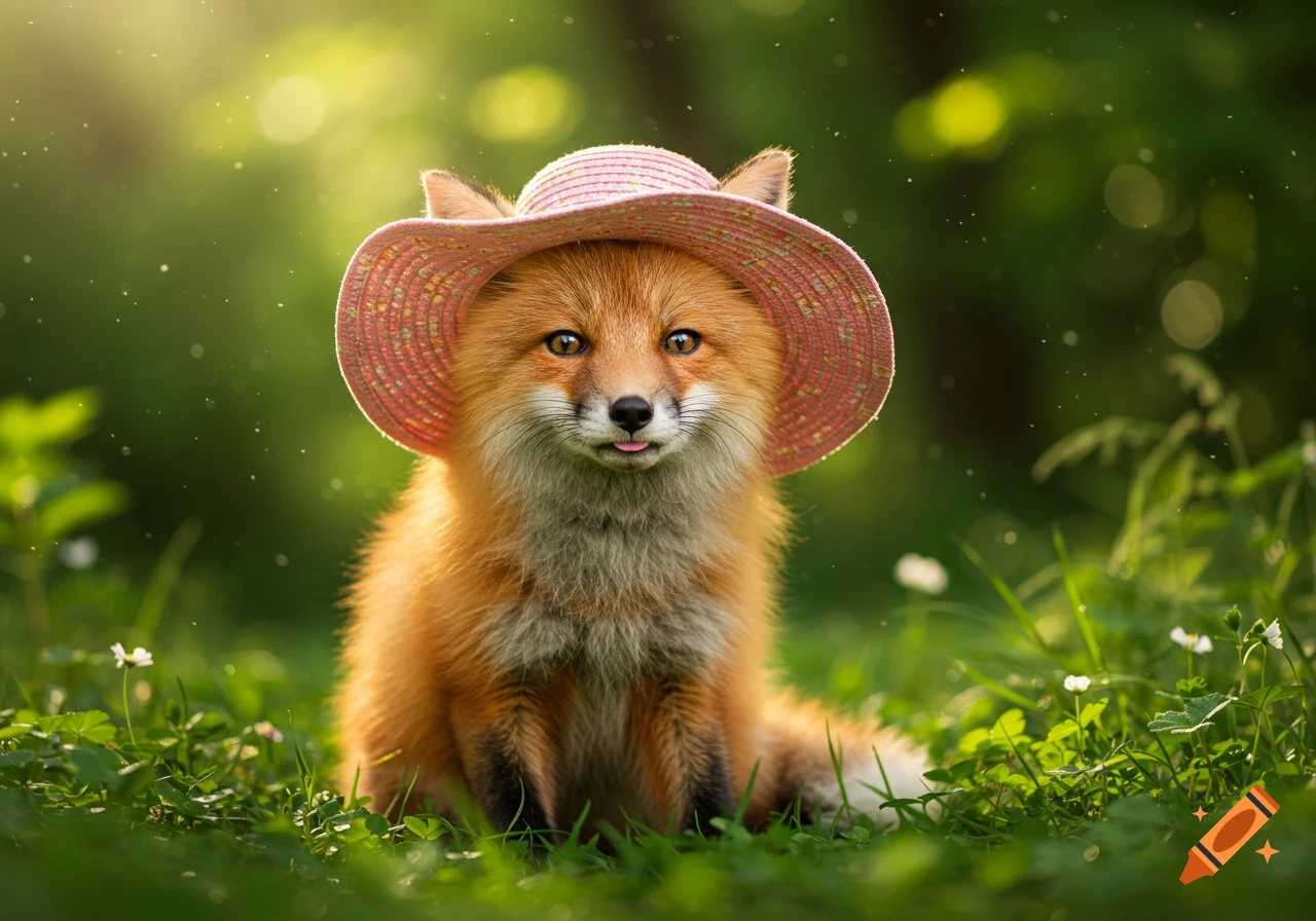 A photorealistic fox wearing a pink straw hat sits in sunlit green grass, sticking its tongue out slightly.