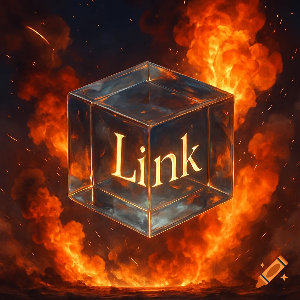 A glowing, translucent glass cube with the word 'Link' inscribed, surrounded by vibrant orange and red explosions against a dark background.