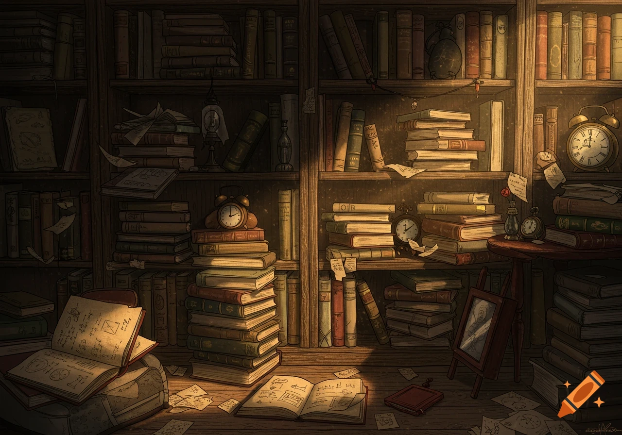 A dimly lit, cluttered vintage library bookshelf with stacks of old books, open journals, papers, and antique alarm clocks.