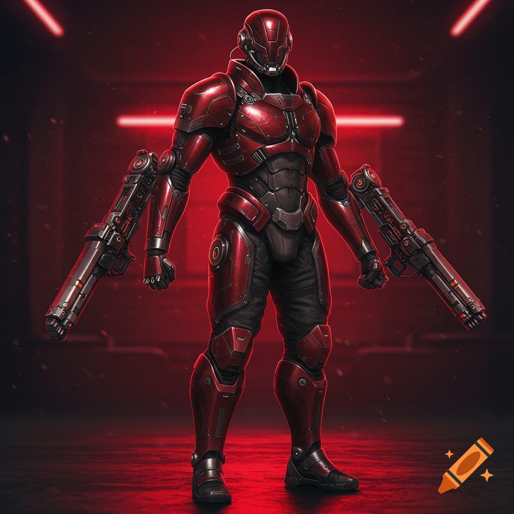 A futuristic soldier in dark red and black sleek armor stands in a red-lit setting, with large guns integrated into its robotic arms.