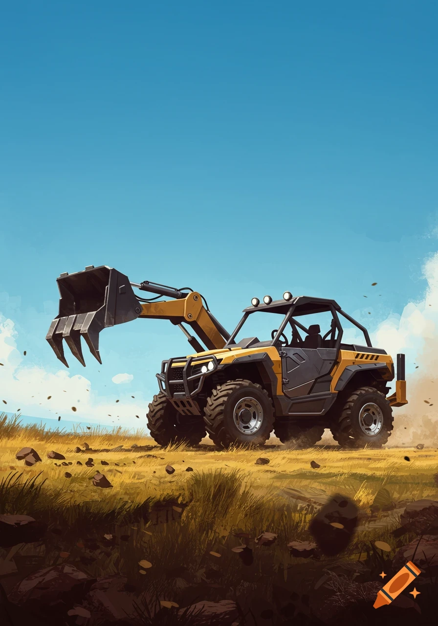 A yellow and black ATV with a backhoe attachment drives through a grassy, rocky field under a clear blue sky, in a stylized illustration.