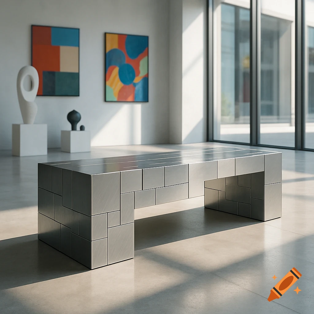 Modern art gallery interior with a modular metal block bench, abstract paintings, sculptures, and large windows.