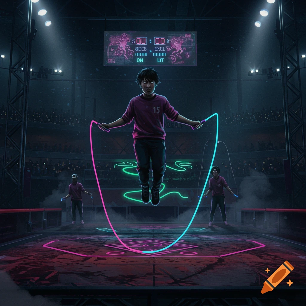 A person jumps rope with glowing pink and blue ropes in a dark, futuristic arena. Two other jumpers are in the background, with a scoreboard above.