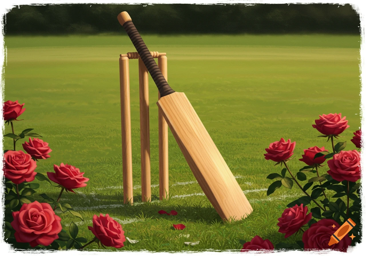 An illustration of a cricket bat leaning against wickets on a grassy field, surrounded by vibrant red roses.
