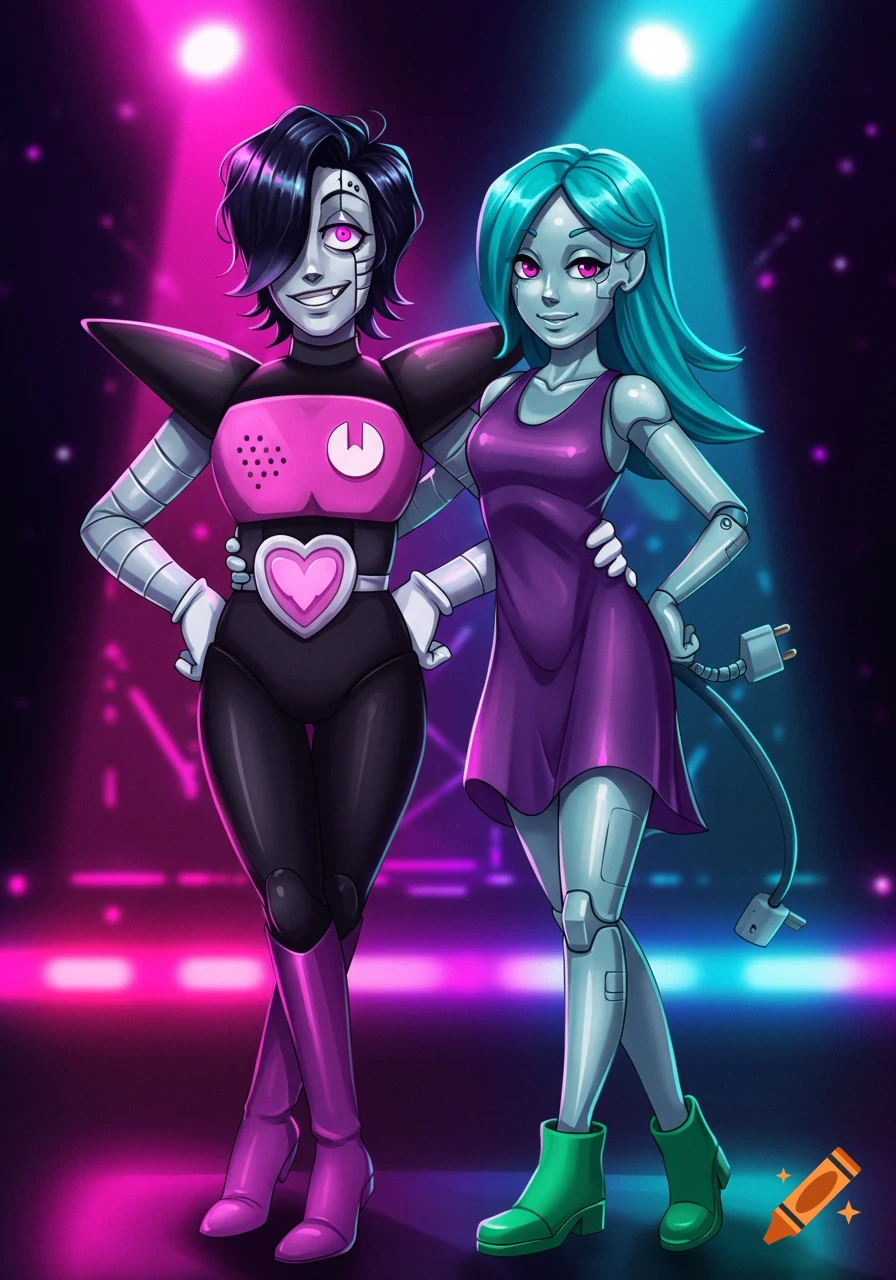 Full-body illustration of two smiling robots, Mettaton and a teal-haired female robot, in a neon-lit club setting.