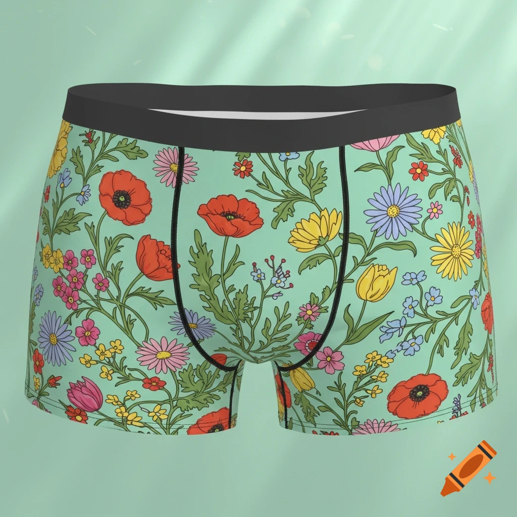 Boxer briefs with a colorful spring-themed floral pattern on a light green background.