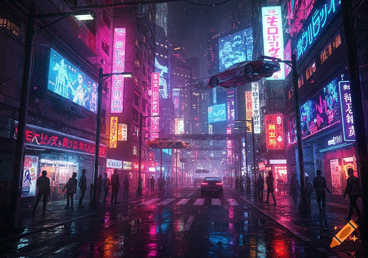 A vibrant, neon-lit cyberpunk city street at night, with flying cars, pedestrians, and glowing Japanese signs reflecting on the wet pavement.
