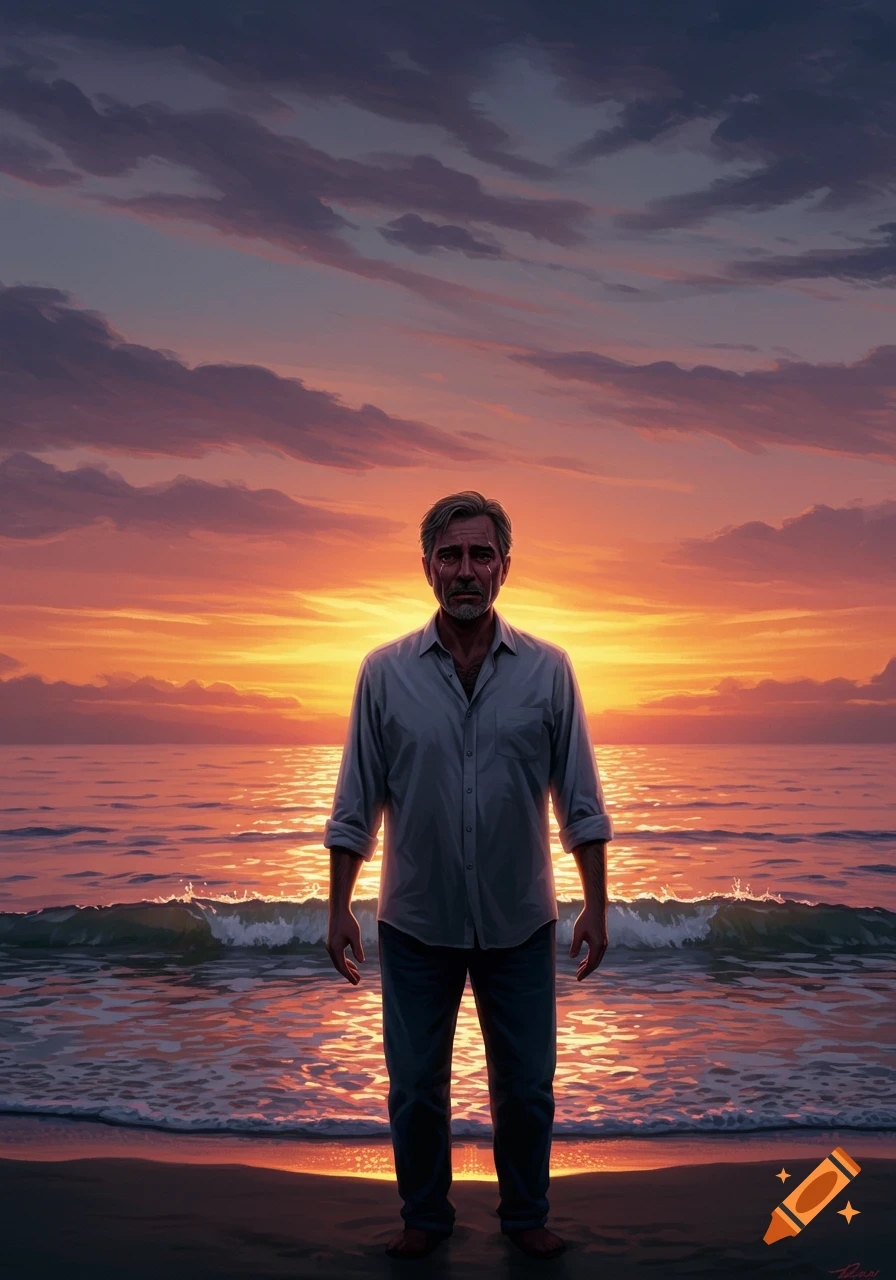 Painted illustration of a crying man standing on a beach with the ocean and a vibrant sunset behind him.