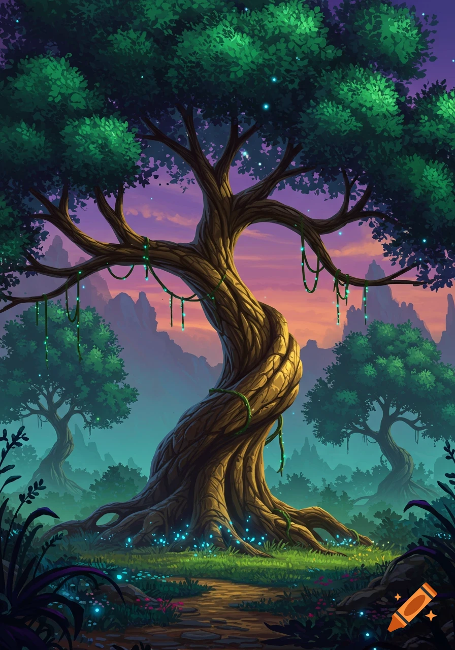 A twisted, glowing fantasy tree in a vibrant, mystical forest landscape with distant mountains, in a video game art style.