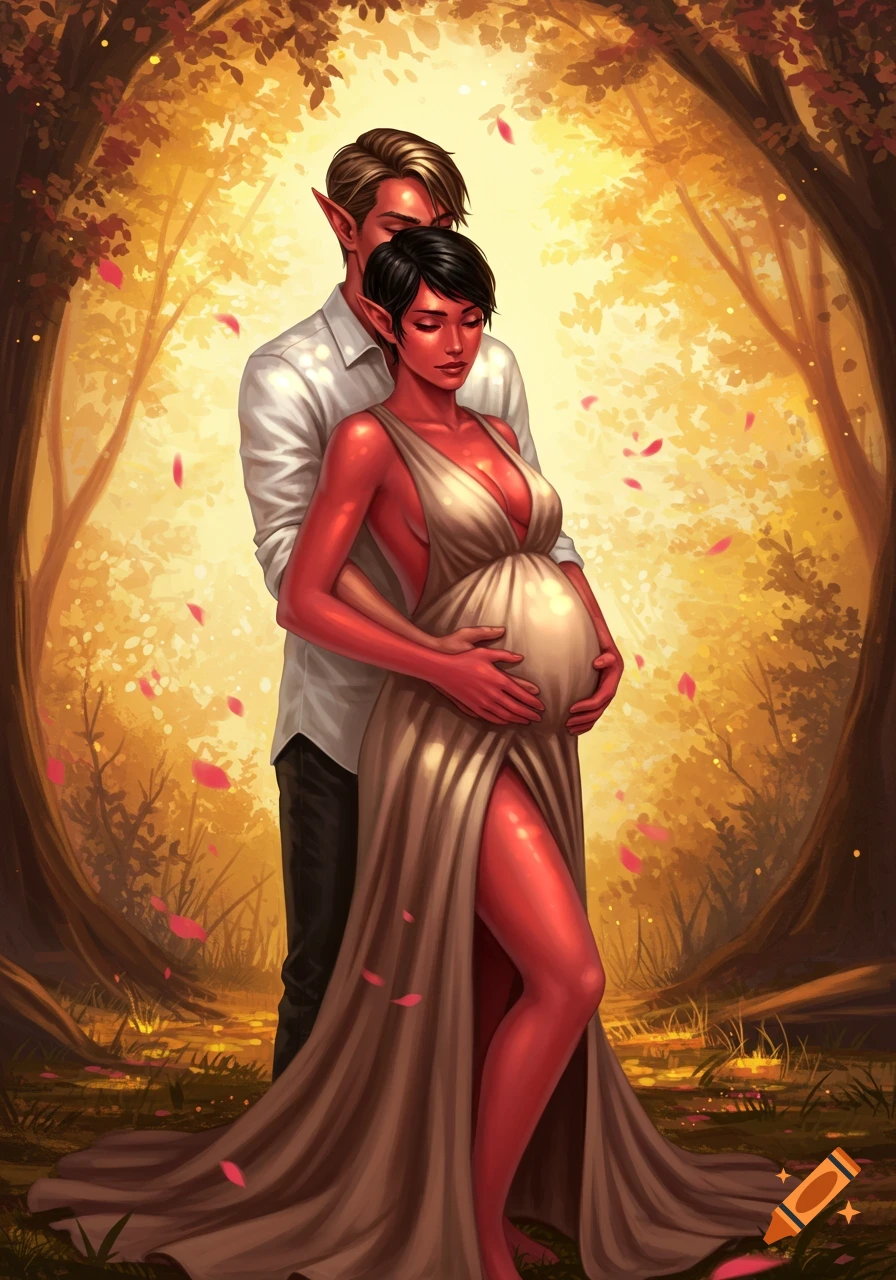 A red-skinned elf woman, pregnant, in a golden dress, is embraced by a blond man in a sunlit forest with falling petals.