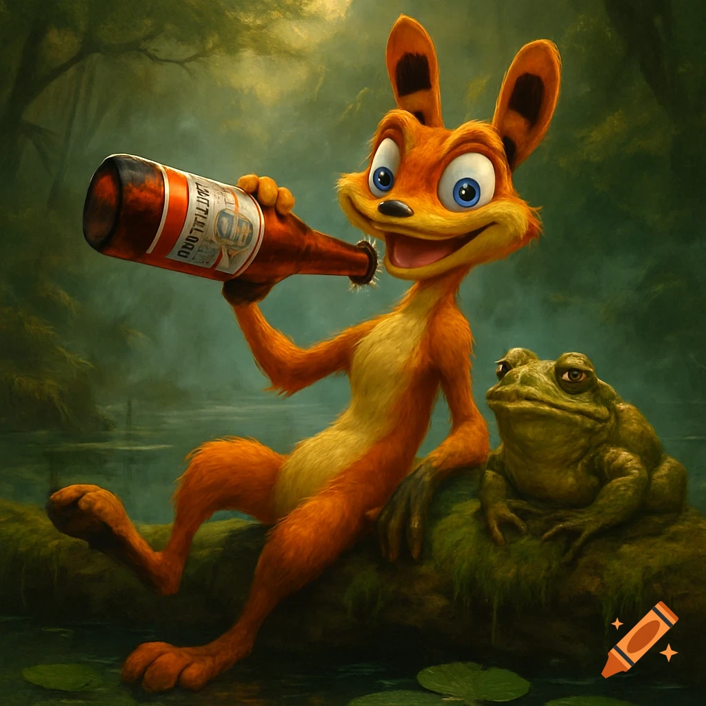 An orange cartoon fox-like character, Daxter, sits on a log in a bog next to a frog, drinking from a brown bottle. The scene has a lush, painterly style.