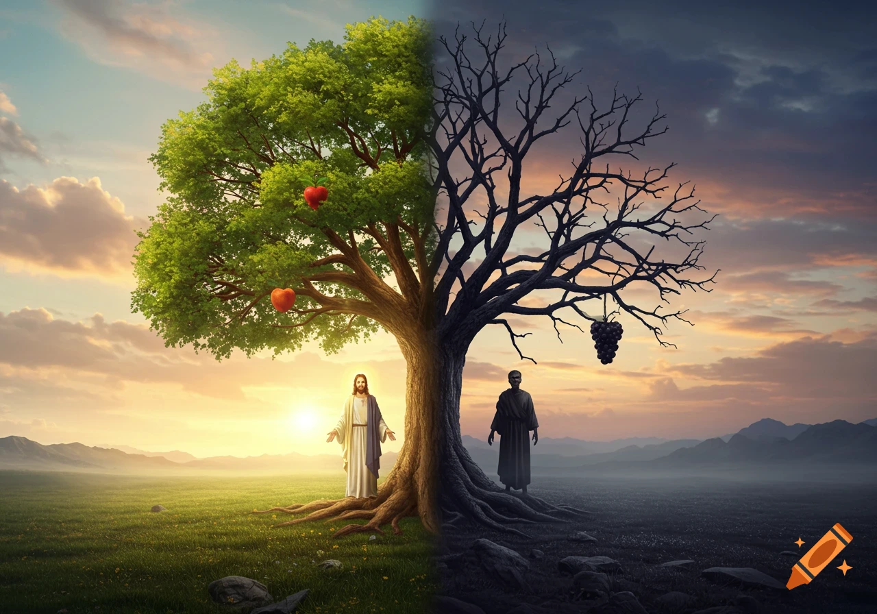 Split landscape with a lush tree, Jesus, and red hearts on the left, contrasting with a barren tree, dark figure, and grapes on the right.