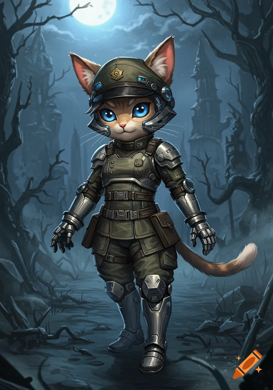 A cute anime cat wearing a military uniform and armor stands in a dark, eerie forest under a full moon.