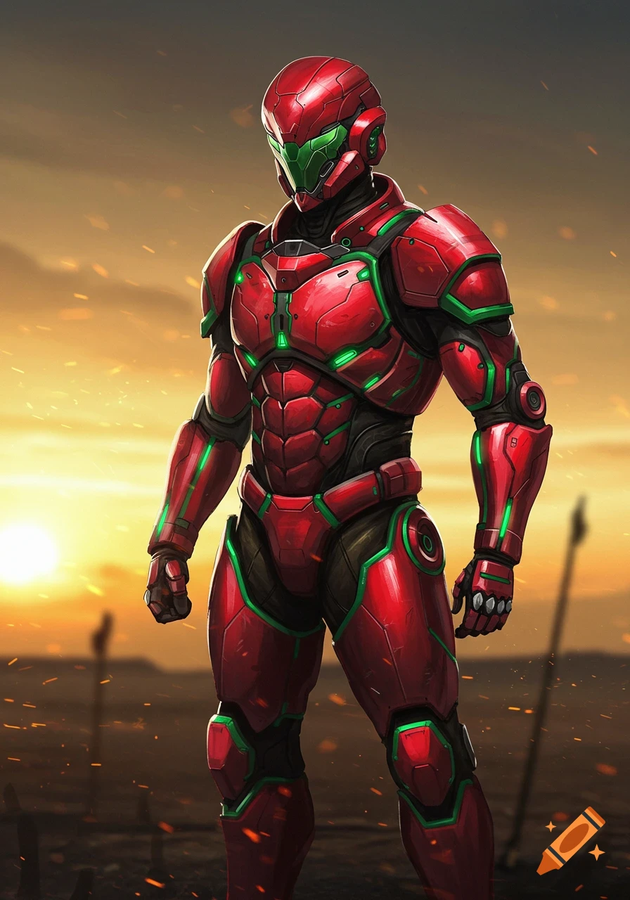 A figure in futuristic red and green armor with a helmet and visor stands in a desolate landscape at sunset.