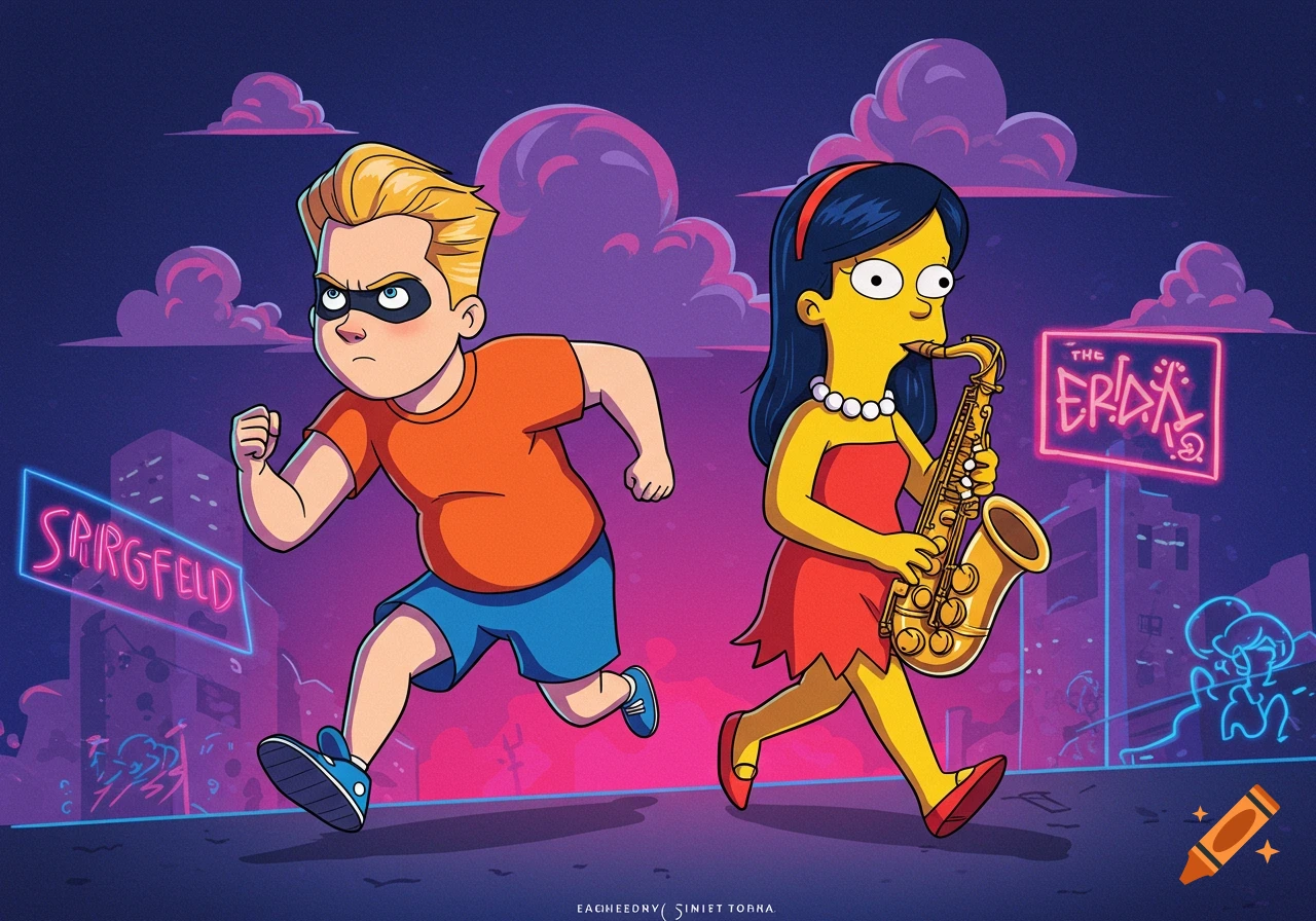 Cartoon of Dash from Incredibles running and Violet (dressed as Lisa Simpson) walking with a saxophone on a neon-lit city street.