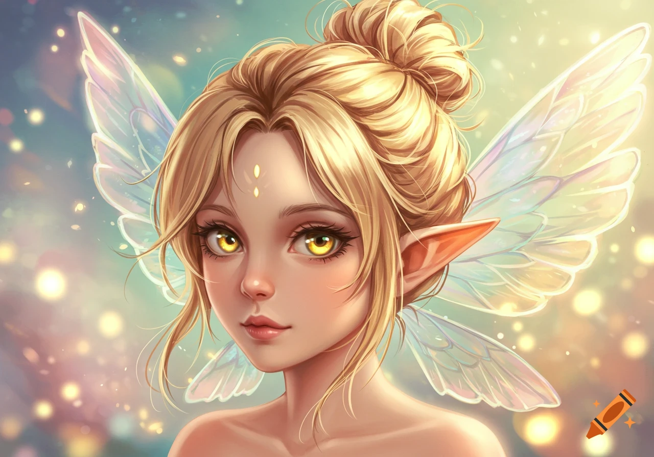 Close-up of an anime fairy girl with blonde hair in a bun, yellow eyes, elf ears, and sparkling wings on a dreamy background.