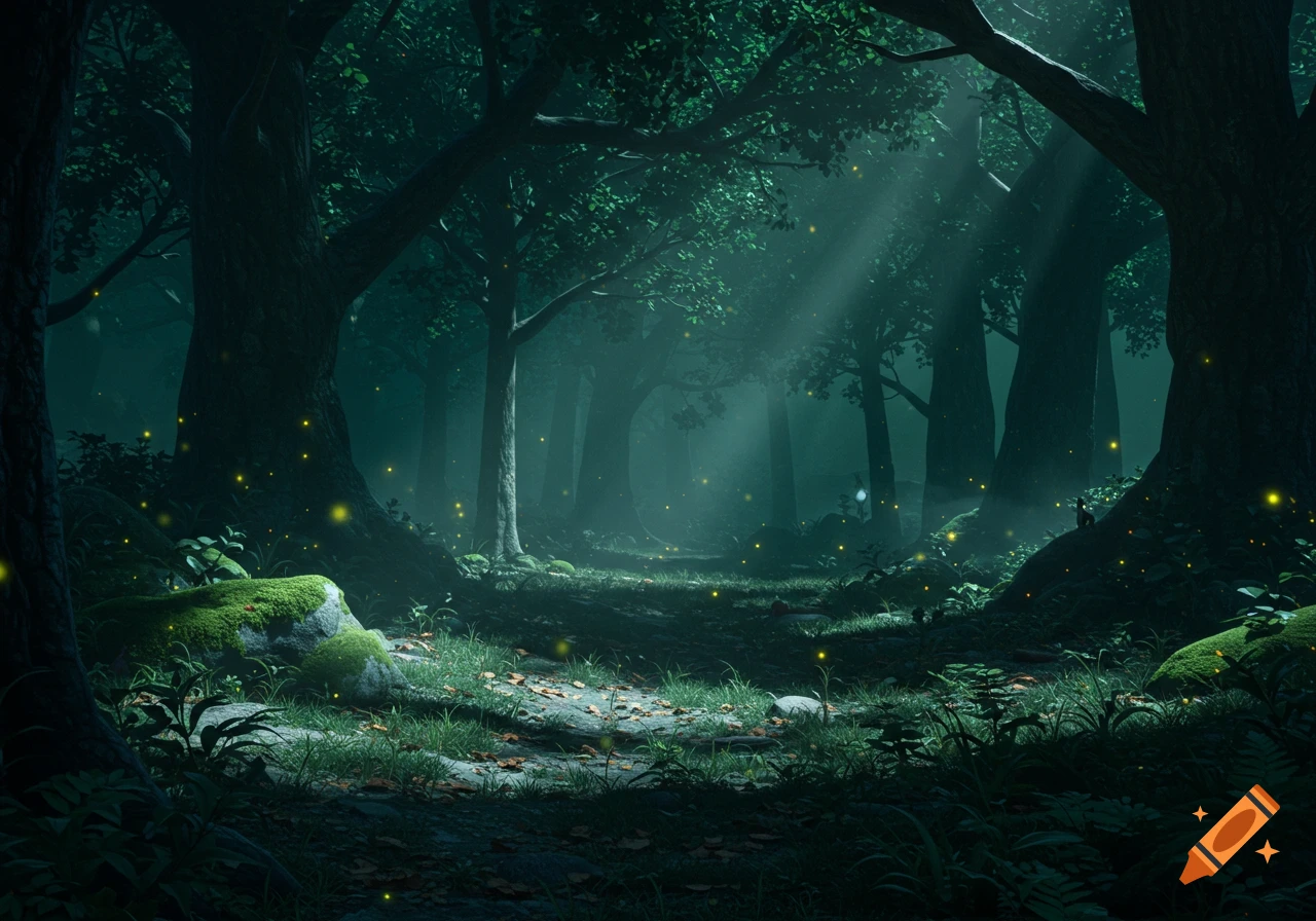 Hyperrealistic dark, misty forest at night, with sunbeams piercing through trees and glowing fireflies illuminating a path.