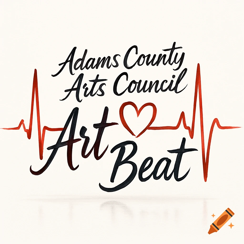 Adams County Arts Council Art Beat logo in black brushstroke text with a red EKG heartbeat line and heart icon.