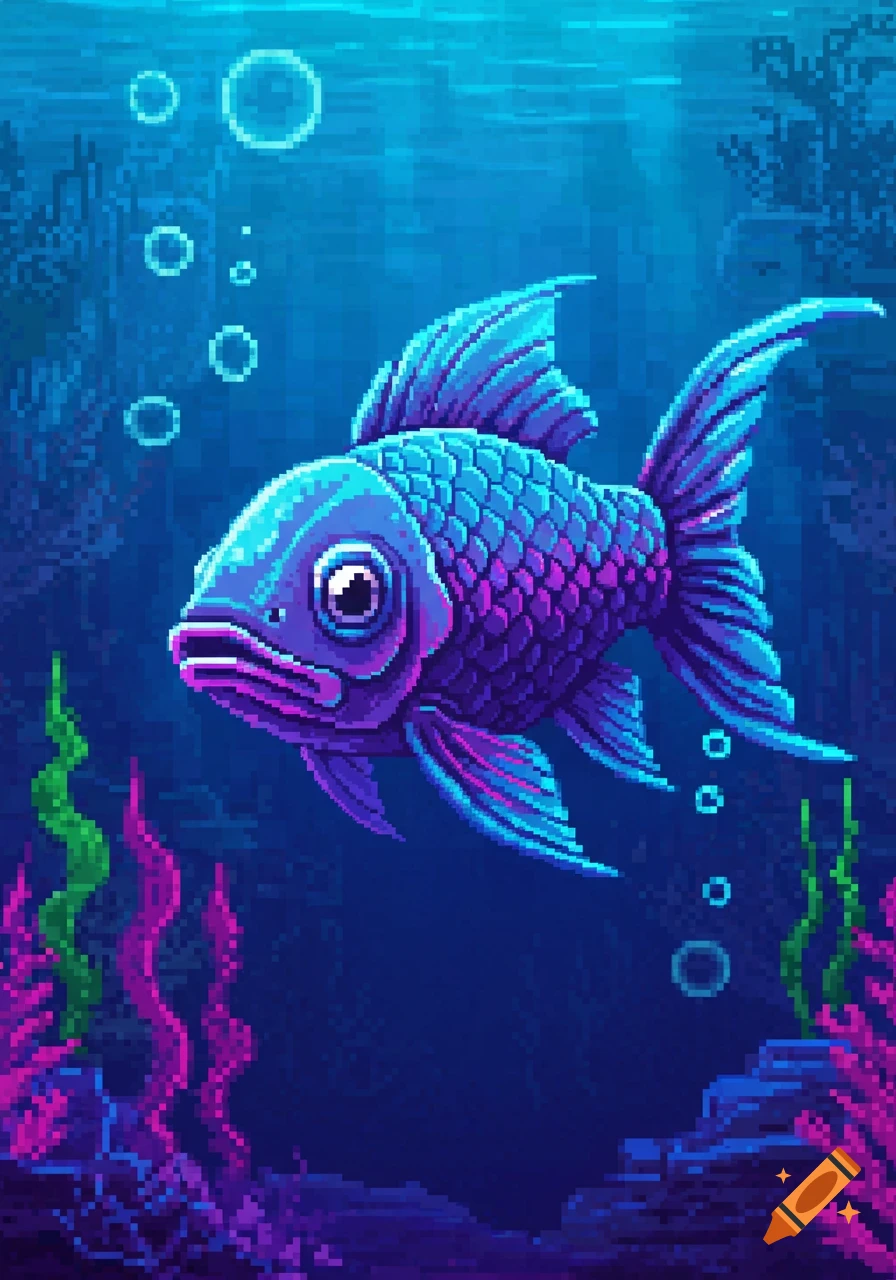 Pixel art illustration of a vibrant blue and purple fish swimming underwater amidst colorful coral and bubbles.