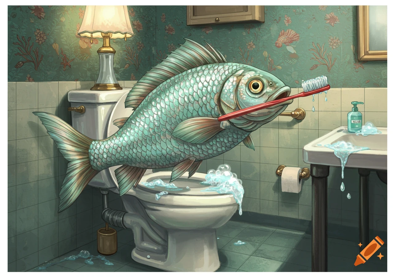 A large turquoise fish sits on a toilet in a green-tiled bathroom, holding a red toothbrush in its mouth, with bubbles.