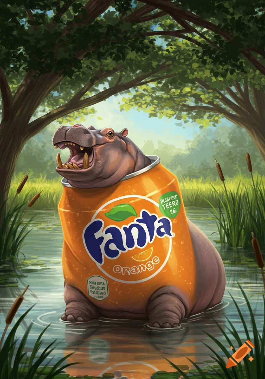 A cartoon hippo with an orange Fanta can for a body stands in a swamp surrounded by trees and reeds.