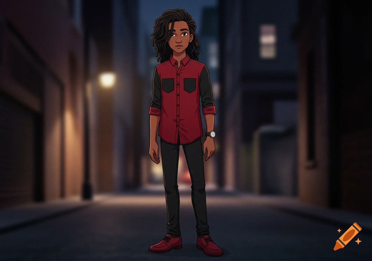 2D animated person with dark skin, curly hair, red and black shirt, black pants, and red shoes standing in a dimly lit alley.