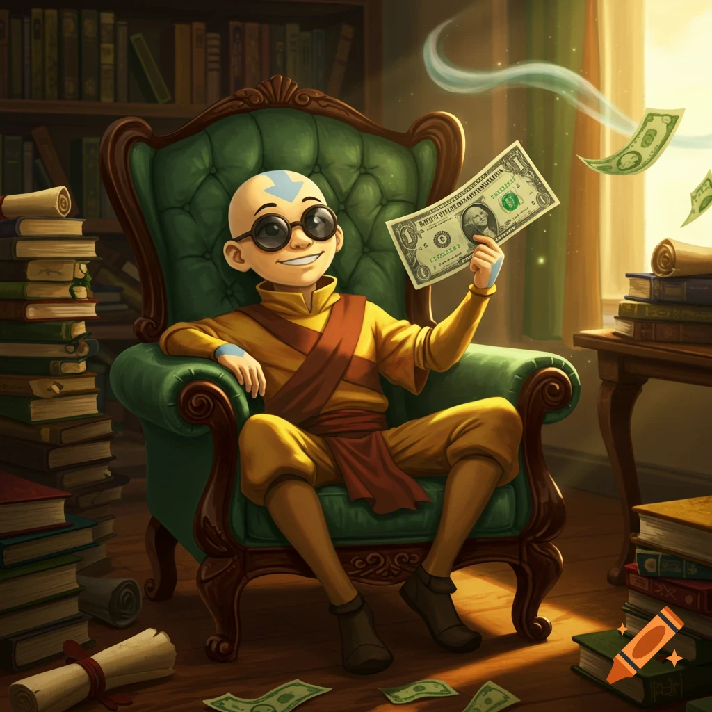 Aang from Avatar sits in a green armchair, smiling in black sunglasses, holding a dollar bill, with money floating around a library.