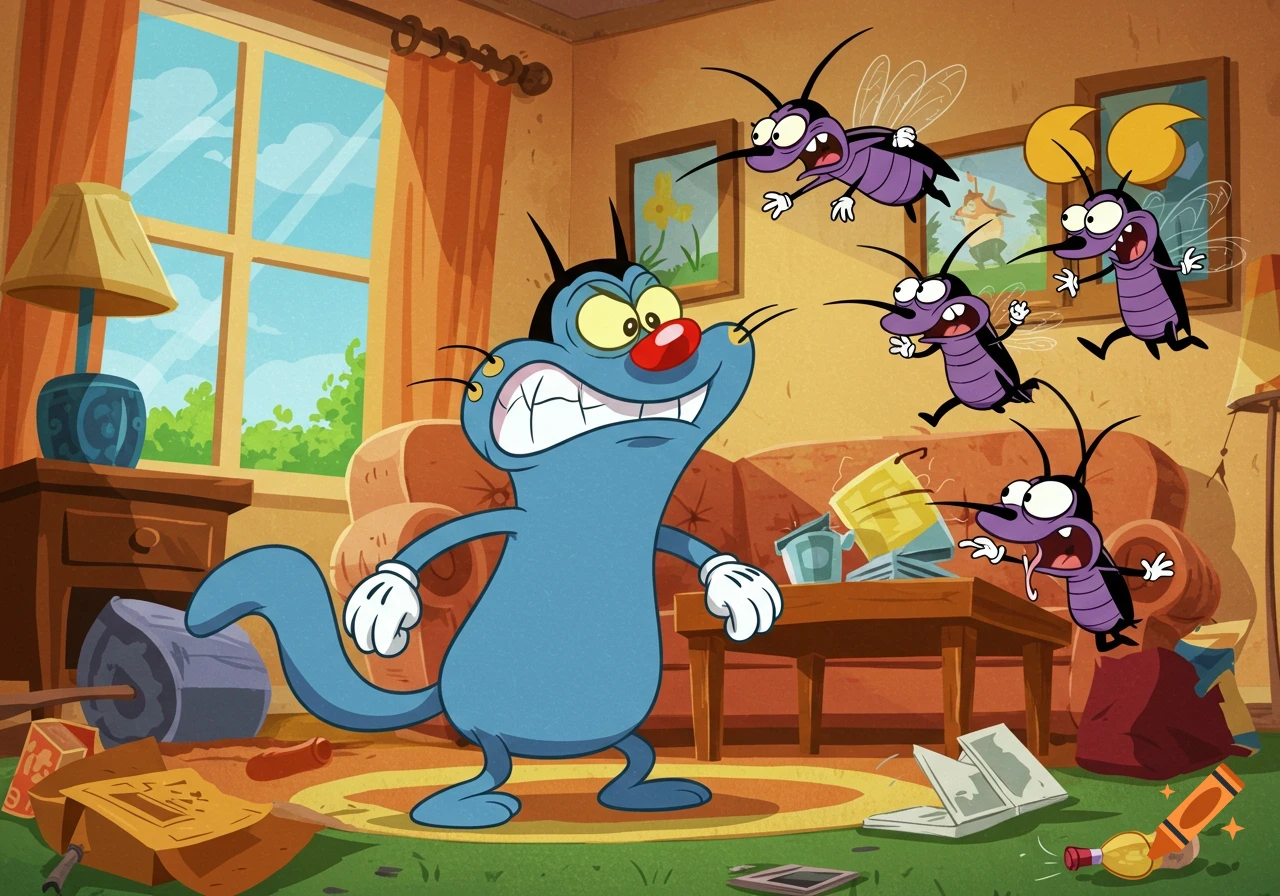 Angry blue cat Oggy with red nose glares at several purple cockroaches in a messy cartoon living room.