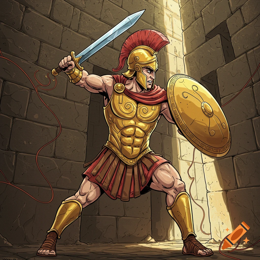 A comic-strip style illustration of a muscular Greek warrior in golden armor and helmet, holding a sword and shield in a stone corridor.