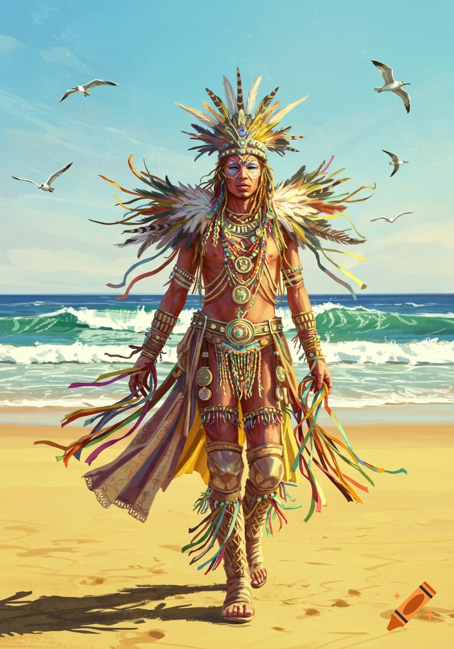 A person in vibrant, elaborate feather and bead attire walks on a sandy beach with ocean waves and seagulls flying under a blue sky.