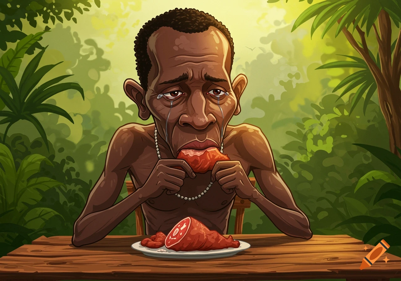 Cartoon of a sad African man with a big forehead eating raw meat at a wooden table in a lush green jungle.