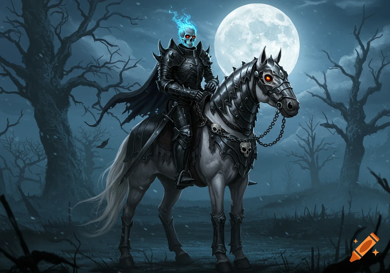 Armored skeletal knight with flaming blue skull rides a white armored horse through a dark forest under a full moon.