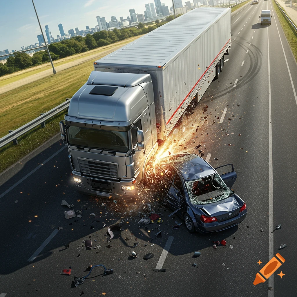 Photorealistic illustration of a silver truck rear-ending a blue sedan on a highway, with debris and sparks at the impact point, city in background.