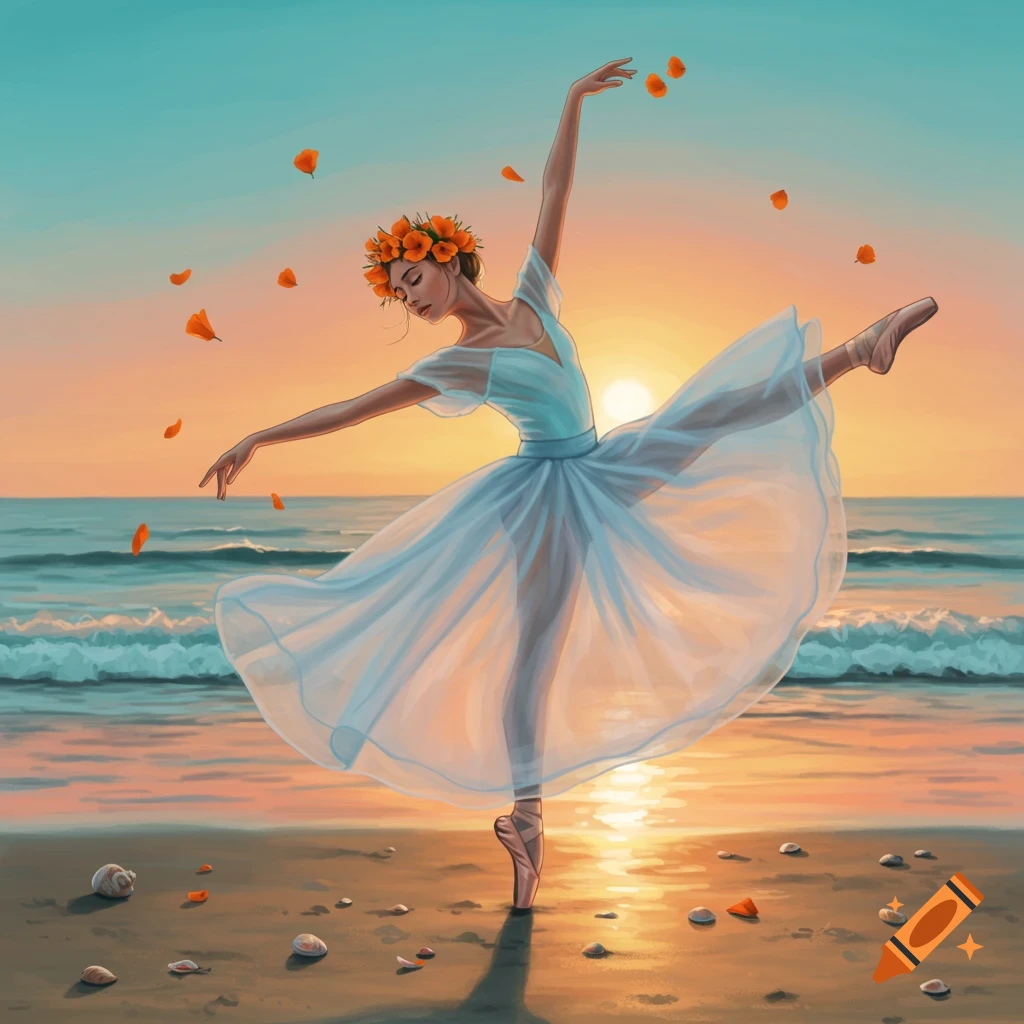 A ballerina in a flowing white dress and flower crown dances on a sandy beach at sunset, with orange petals falling around her.