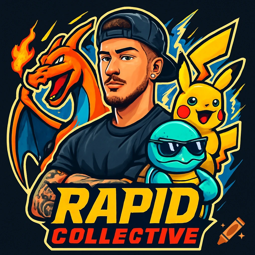 A stylized logo featuring a man with a backward baseball cap, goatee, and tattooed arm, flanked by Charizard, Pikachu, and a cool Squirtle with sunglasses. Text 'RAPID COLLECTIVE' below.