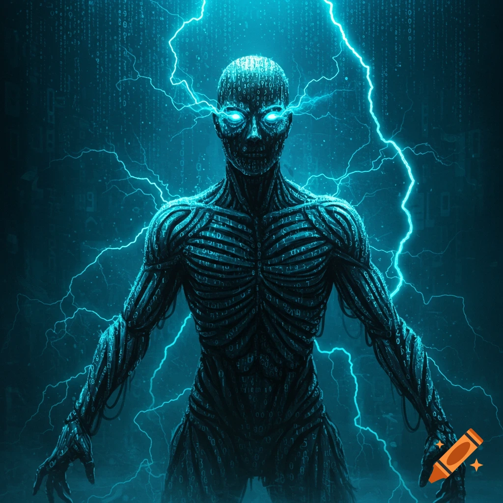 A dark, cybernetic figure with glowing eyes and body made of binary code, surrounded by bright blue lightning against a dark background.