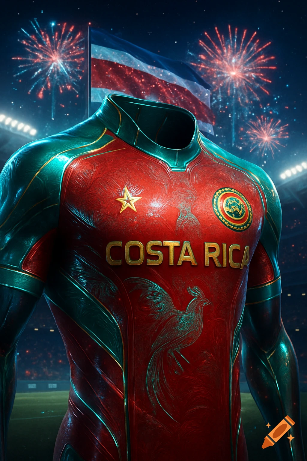Futuristic red and teal Costa Rica soccer jersey with gold accents, a star, and bird motif, against a stadium background with fireworks and the Costa Rican flag.