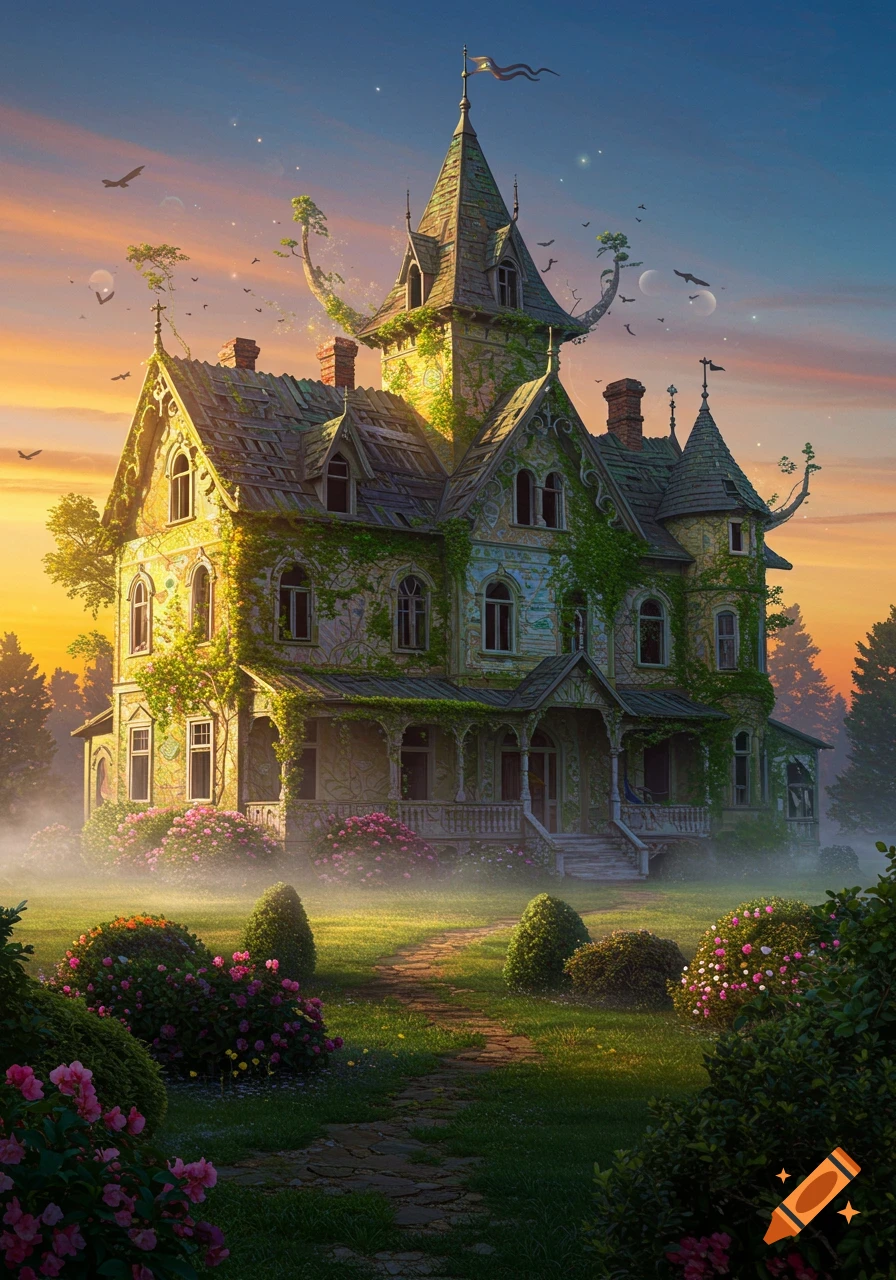 A beautiful, old, overgrown mansion with multiple turrets and ivy, surrounded by colorful gardens and mist at sunset in a whimsical style.