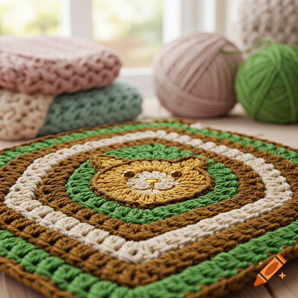 A close-up of a crocheted granny square with a brown, green, and cream cat motif in the center, surrounded by colorful yarn balls.