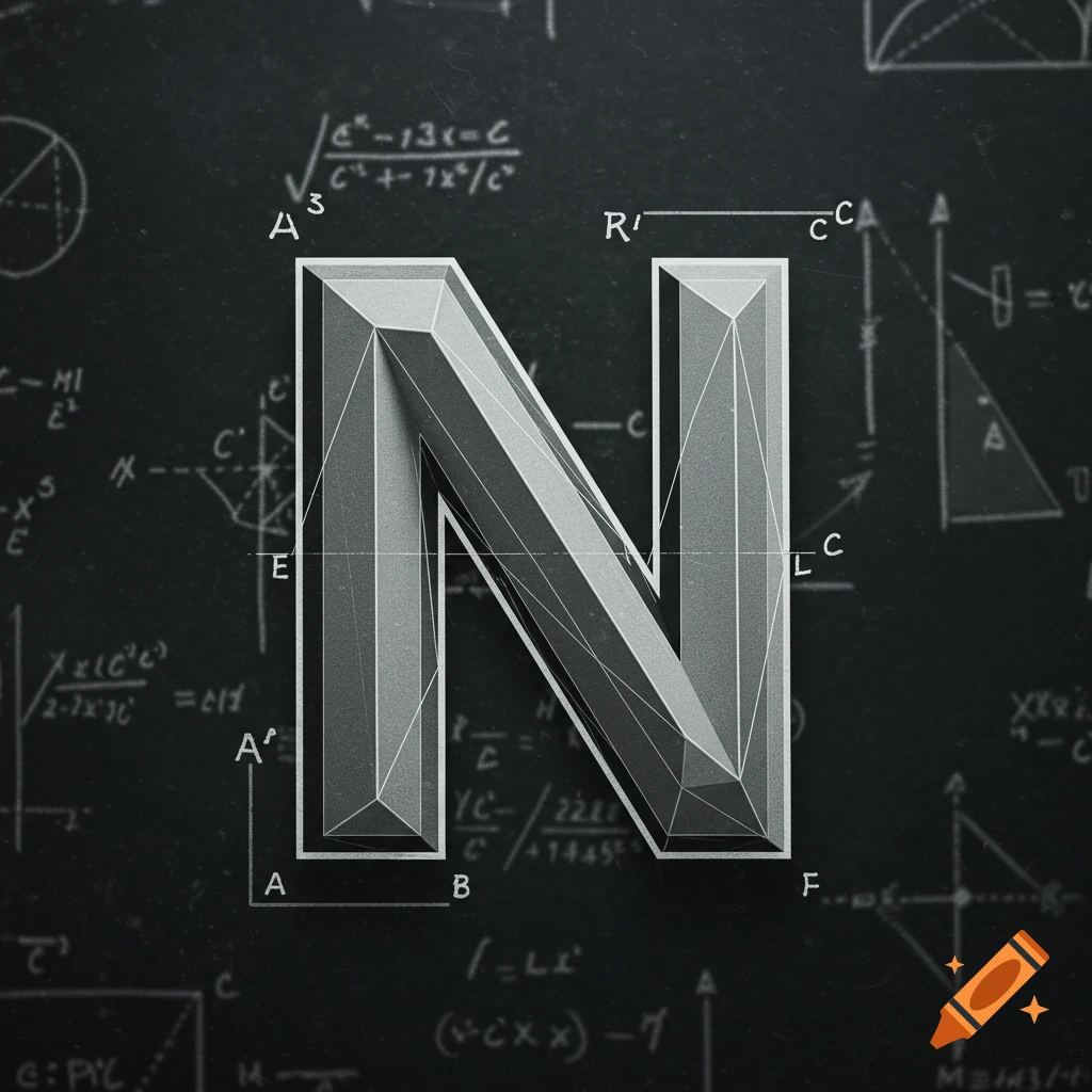 A stylized 3D letter N with sharp angles and facets, set against a dark blackboard background covered in handwritten mathematical equations and diagrams.