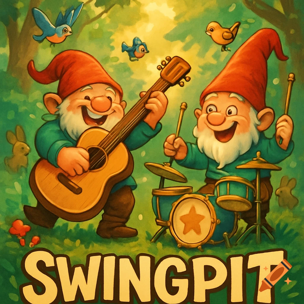 Two happy cartoon gnomes play guitar and drums in a lush green forest with birds and rabbits, with the word SWINGPIT at the bottom.