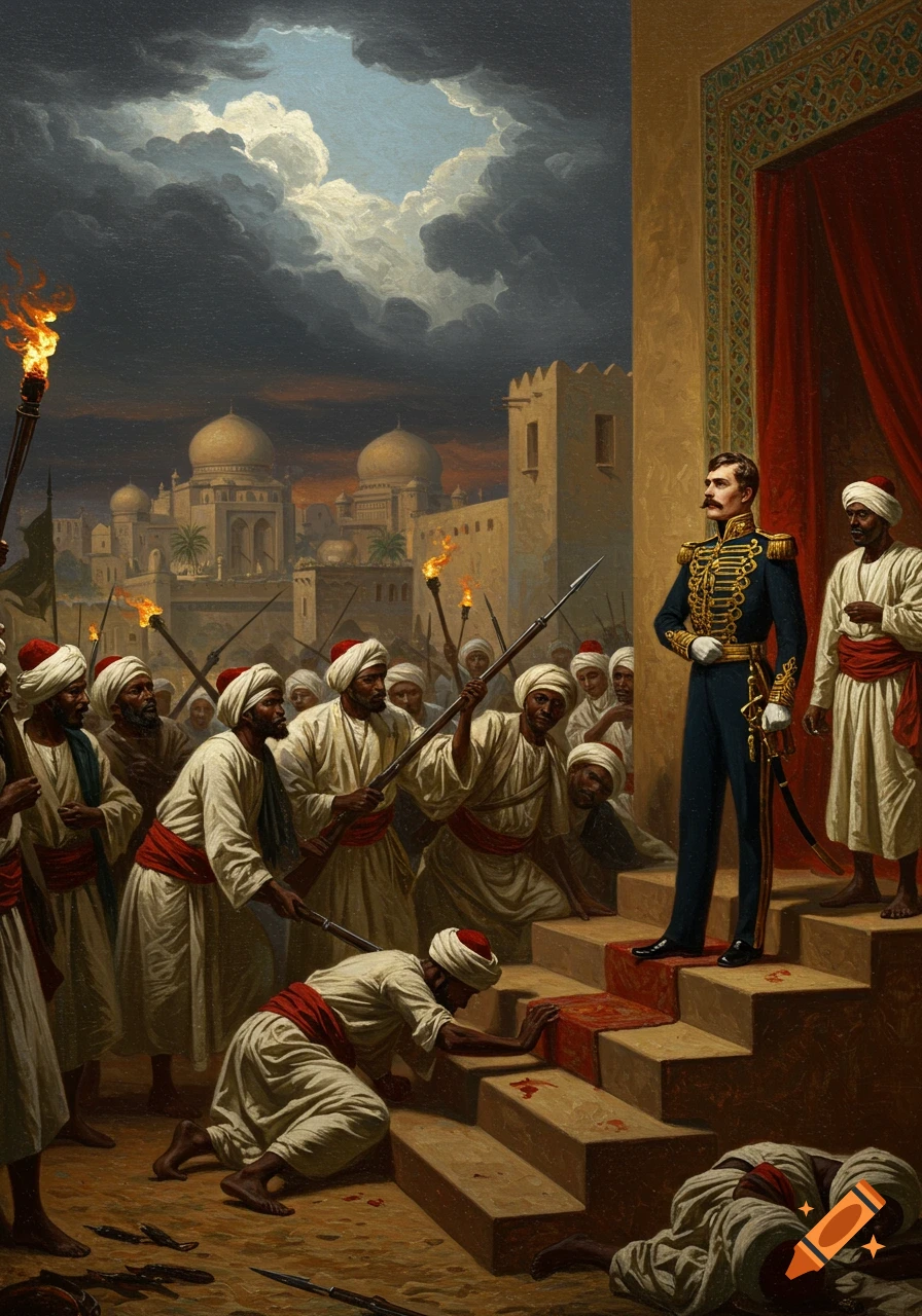 Oil painting depicting a British officer in uniform standing on steps, surrounded by armed local men in turbans, with a kneeling figure and blood on the steps, and a distant city under stormy skies.