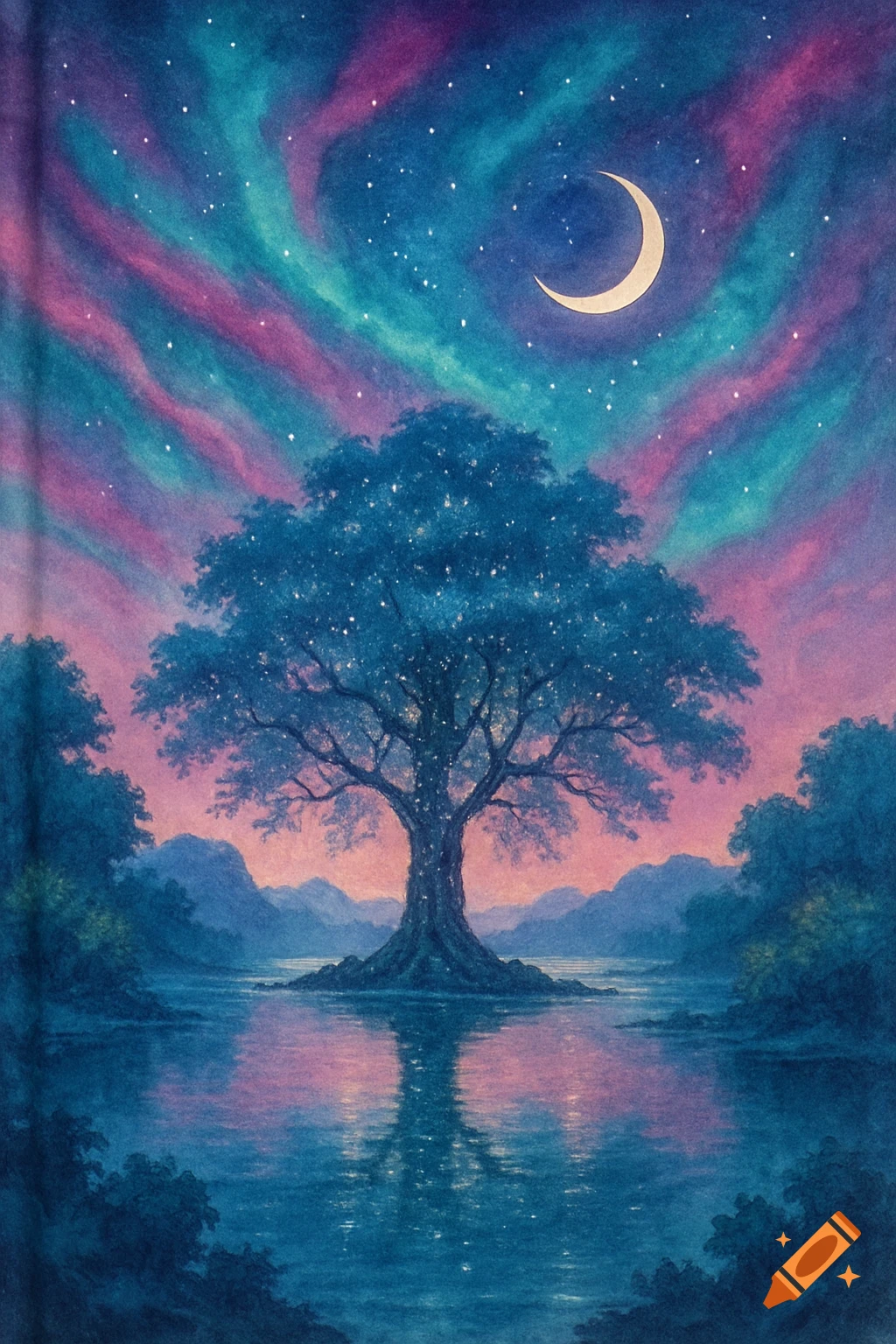 A mystical landscape painting with a large glowing tree by a moonlit lake under a vibrant aurora and crescent moon.