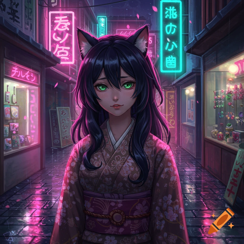 Anime cat girl with black hair and green eyes, wearing a kimono, stands in a neon-lit Japanese alley at night.
